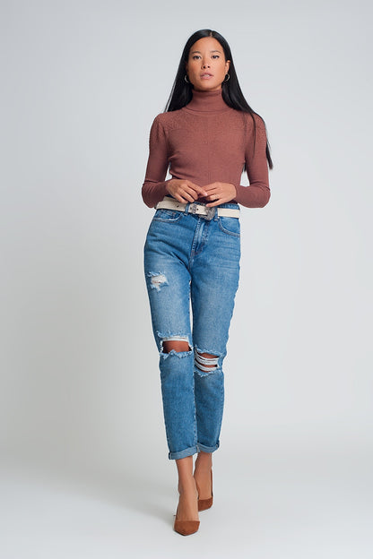 High waist mom jeans with ripped knees in dark wash blue