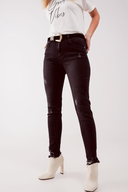 Q2 High waist ripped skinny jeans in black