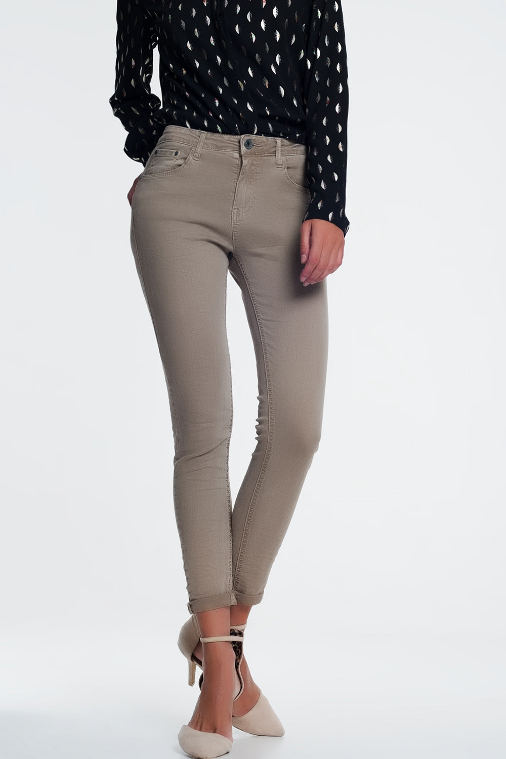 Q2 high waist skinny jeans in beige