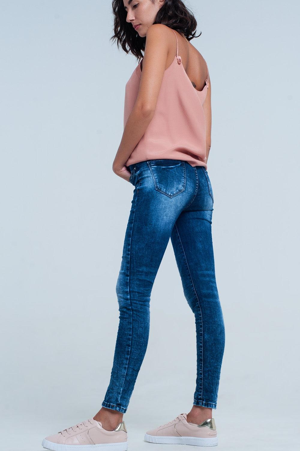 high waist skinny jeans in bright blue wash