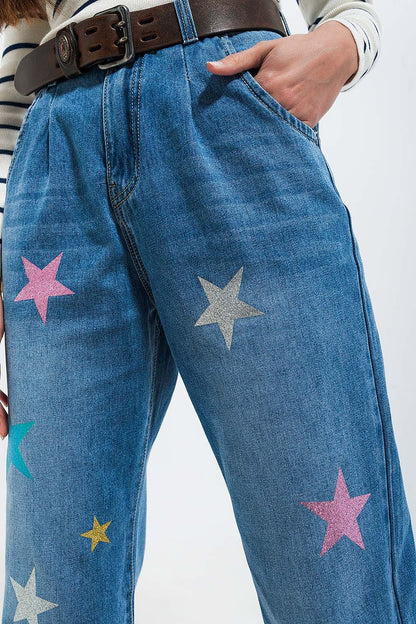 High waist slouch jean with pleat front with star print