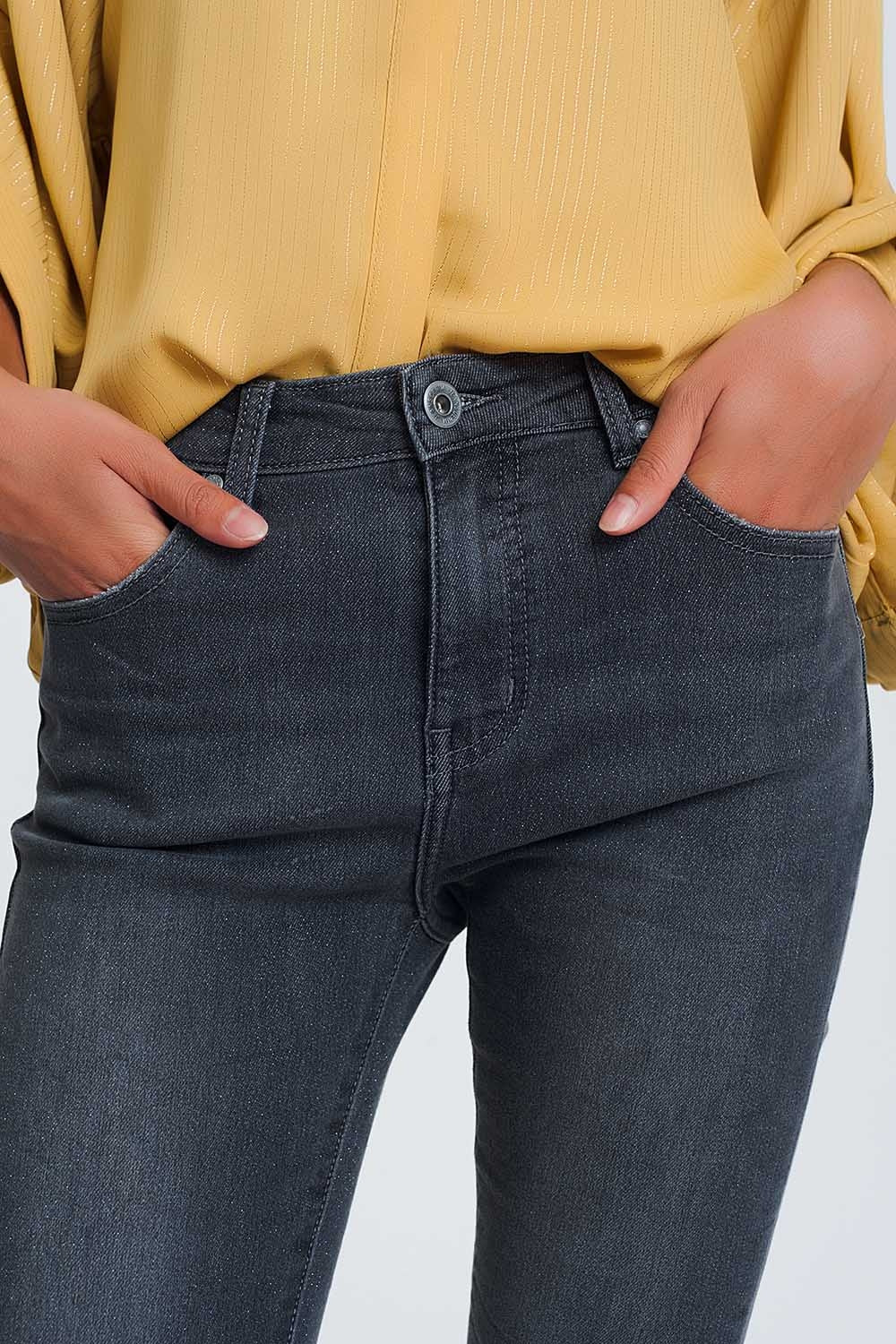 High Waisted Denim Jeans In Glitter Fabric