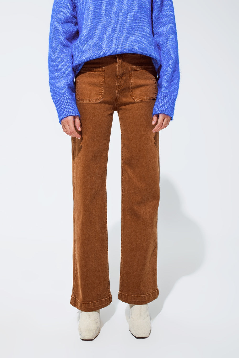 Q2 high waisted front pockets flare jeans in camel