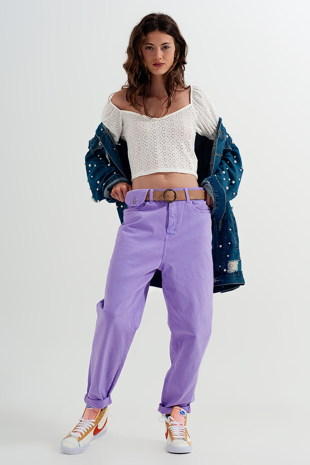 High  waisted loose tapered leg jeans in purple