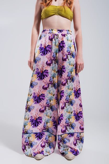 High waisted satin wide leg pants in purple floral