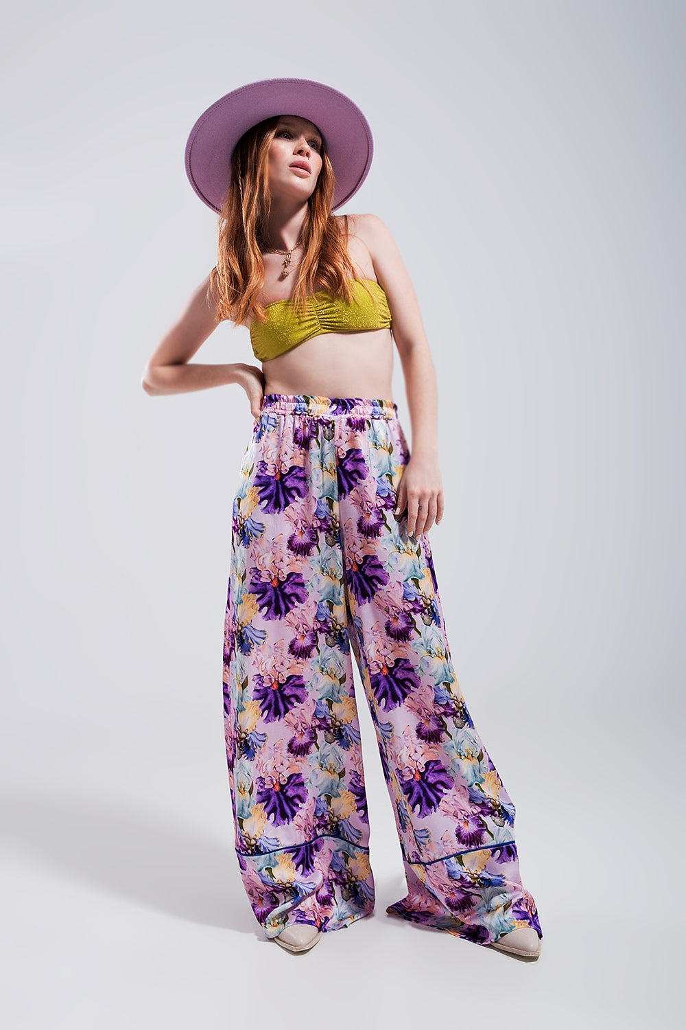 High waisted satin wide leg pants in purple floral