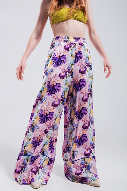 High waisted satin wide leg pants in purple floral