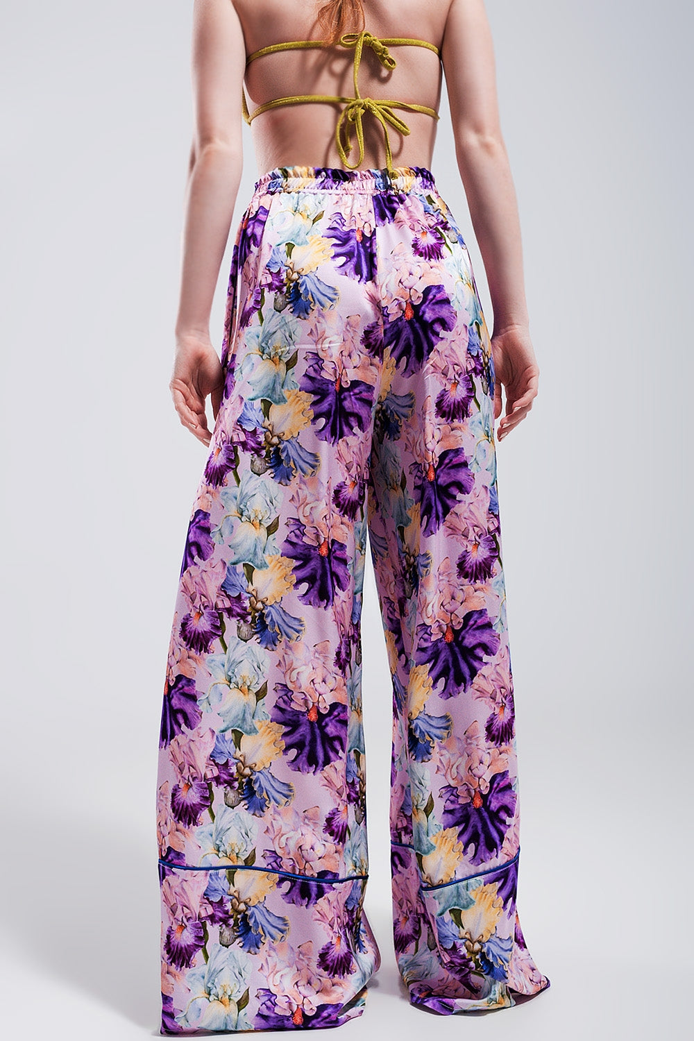 High waisted satin wide leg pants in purple floral