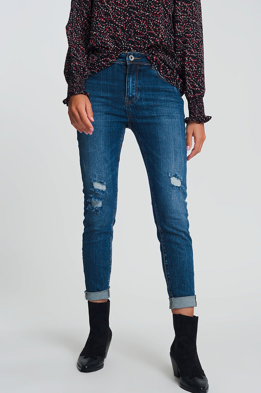 Q2 High waisted skinny jeans in dark wash blue with ripped details