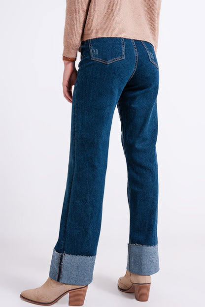 High waisted straight jean with roll hem in blue