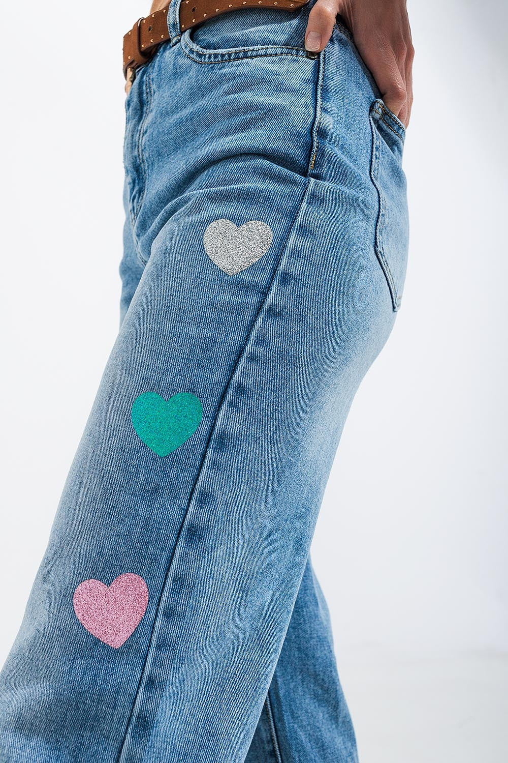 Q2 High waisted straight leg jean with heart print in mid wash