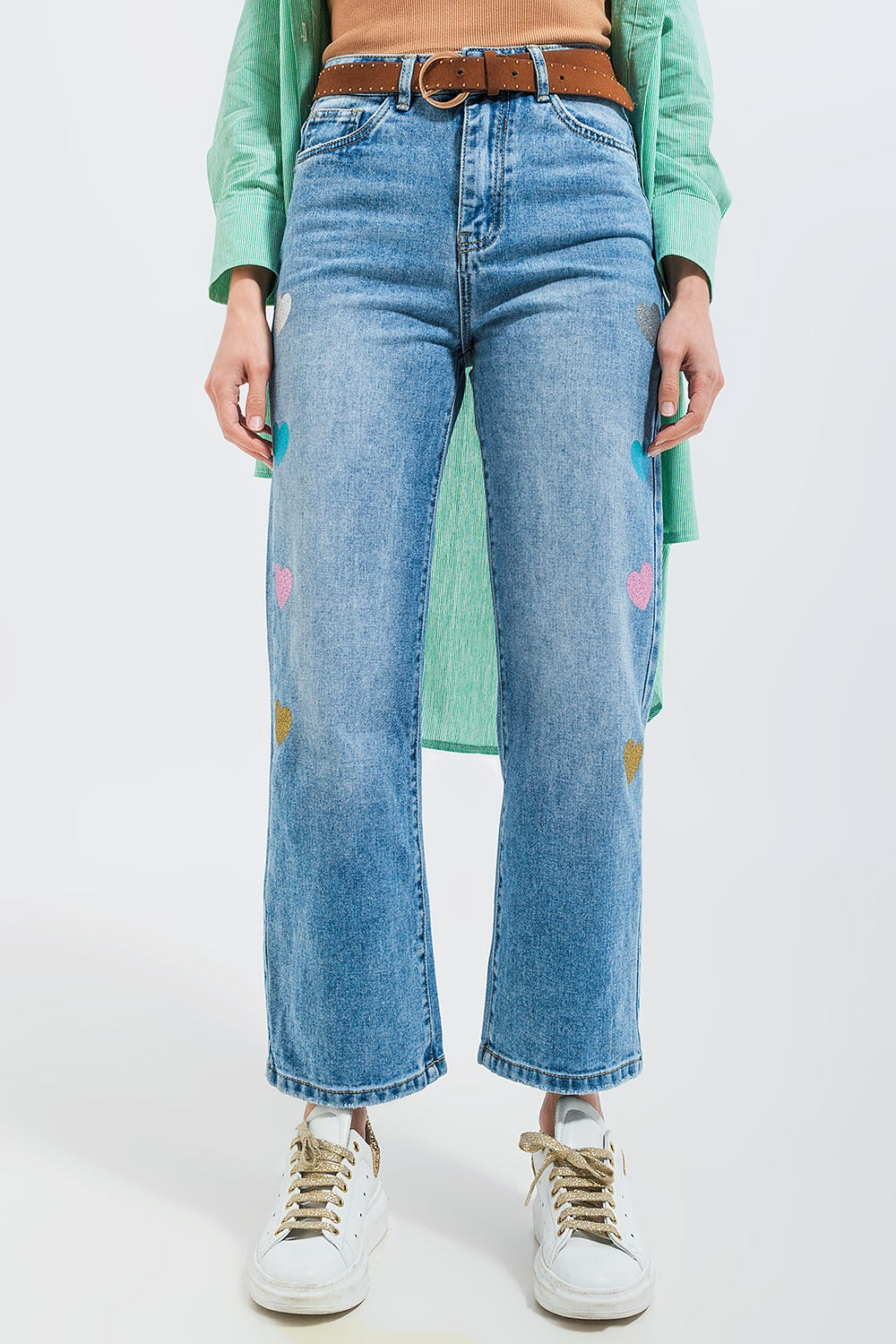 High waisted straight leg jean with heart print in mid wash