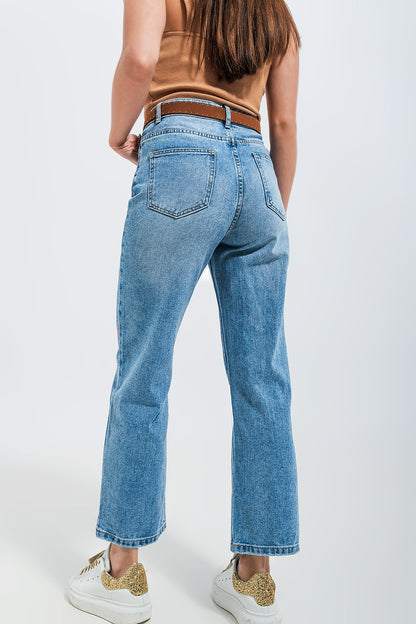 High waisted straight leg jean with heart print in mid wash