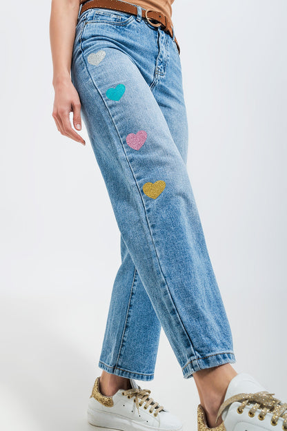 High waisted straight leg jean with heart print in mid wash