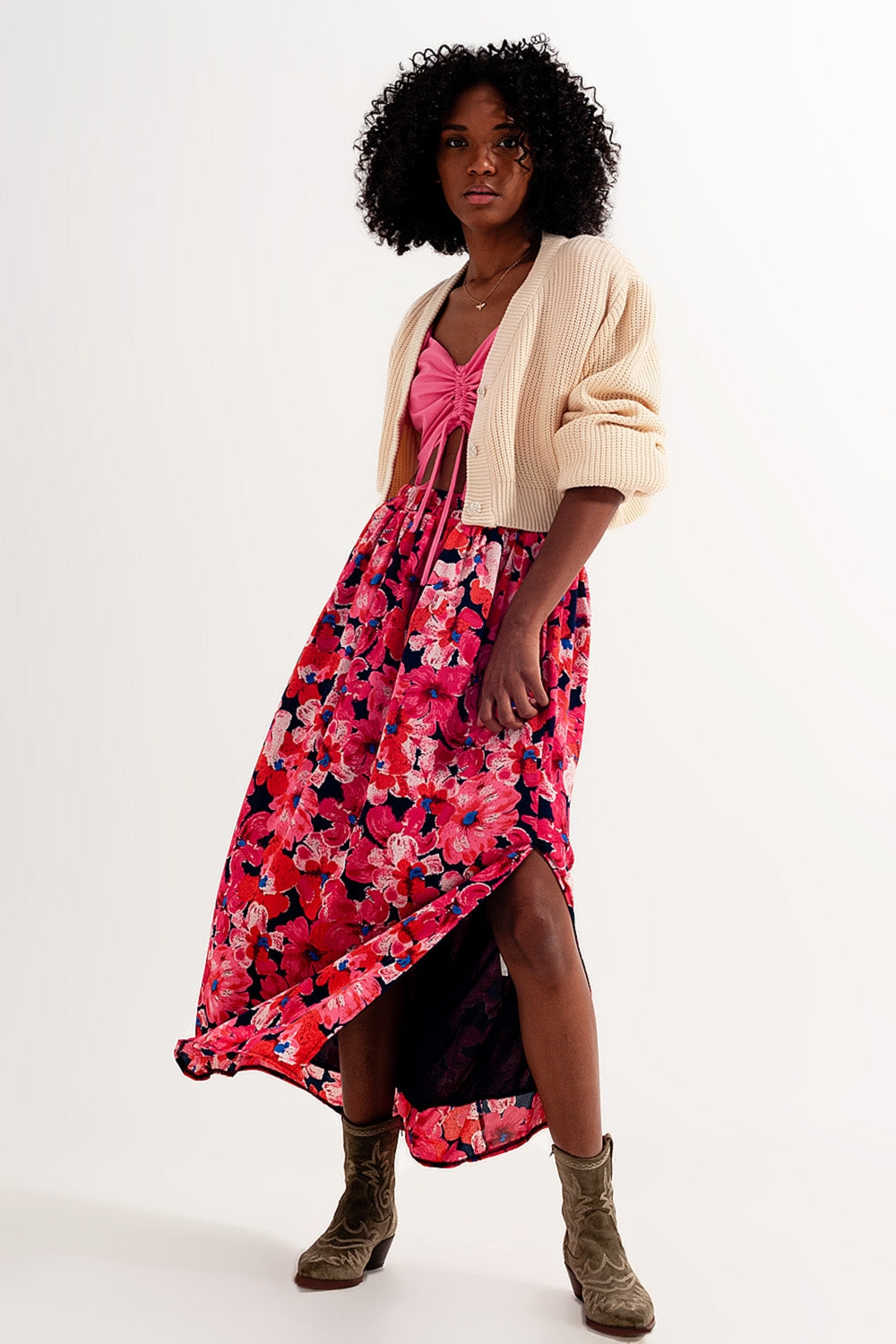 Hot pink floral print skirt