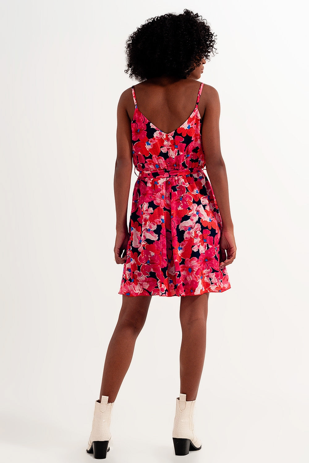 Hot pink short dress with flower print and straps