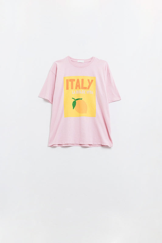 Q2 Italy La Dolce Vita Baby Pink T-shirt With Graphic Print