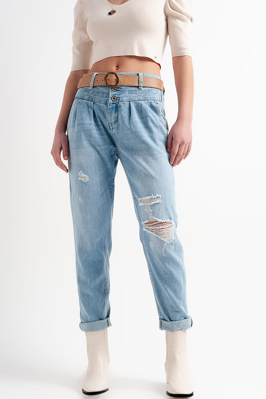 Q2 Jean with double waistband in blue with rips