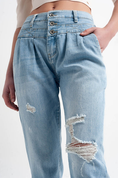 Jean with double waistband in blue with rips