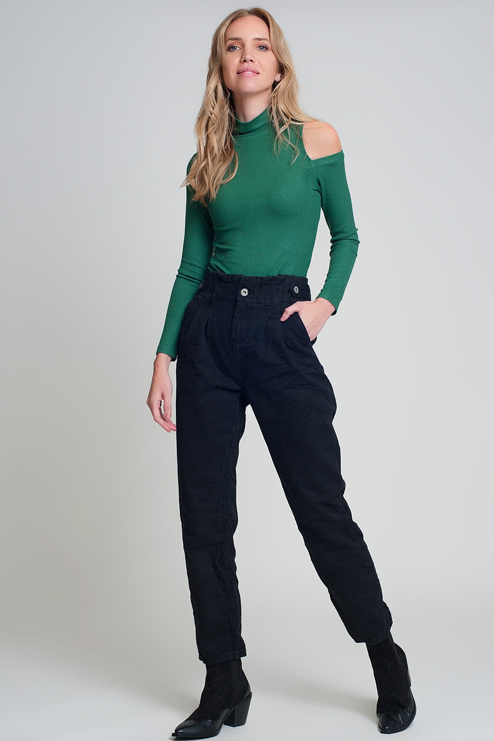 Jeans with paper bag waist and button details in black