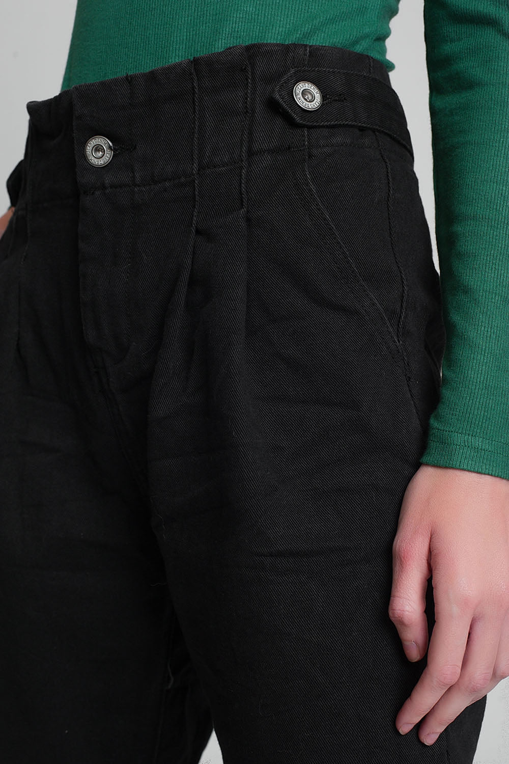 Jeans with paper bag waist and button details in black