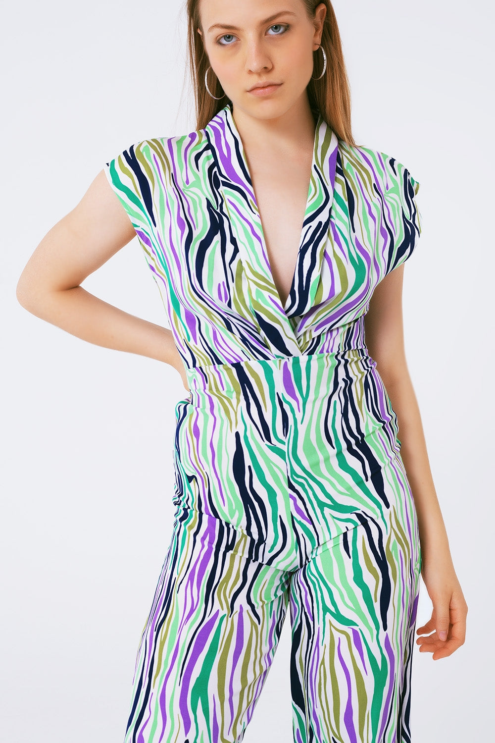 Jumpsuit With Smoking Collard in Multicolored Abstract Print