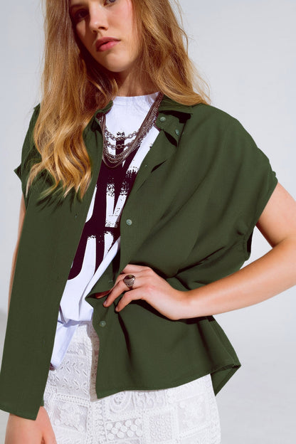 Q2 Khaki Button Up Blouse With Polo Collar