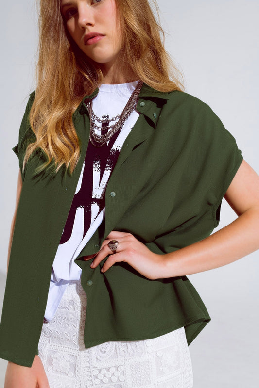 Q2 Khaki Button Up Blouse With Polo Collar