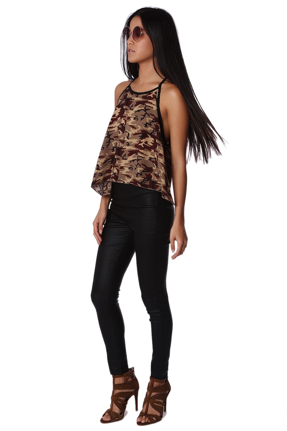 Khaki camo print dip hem top