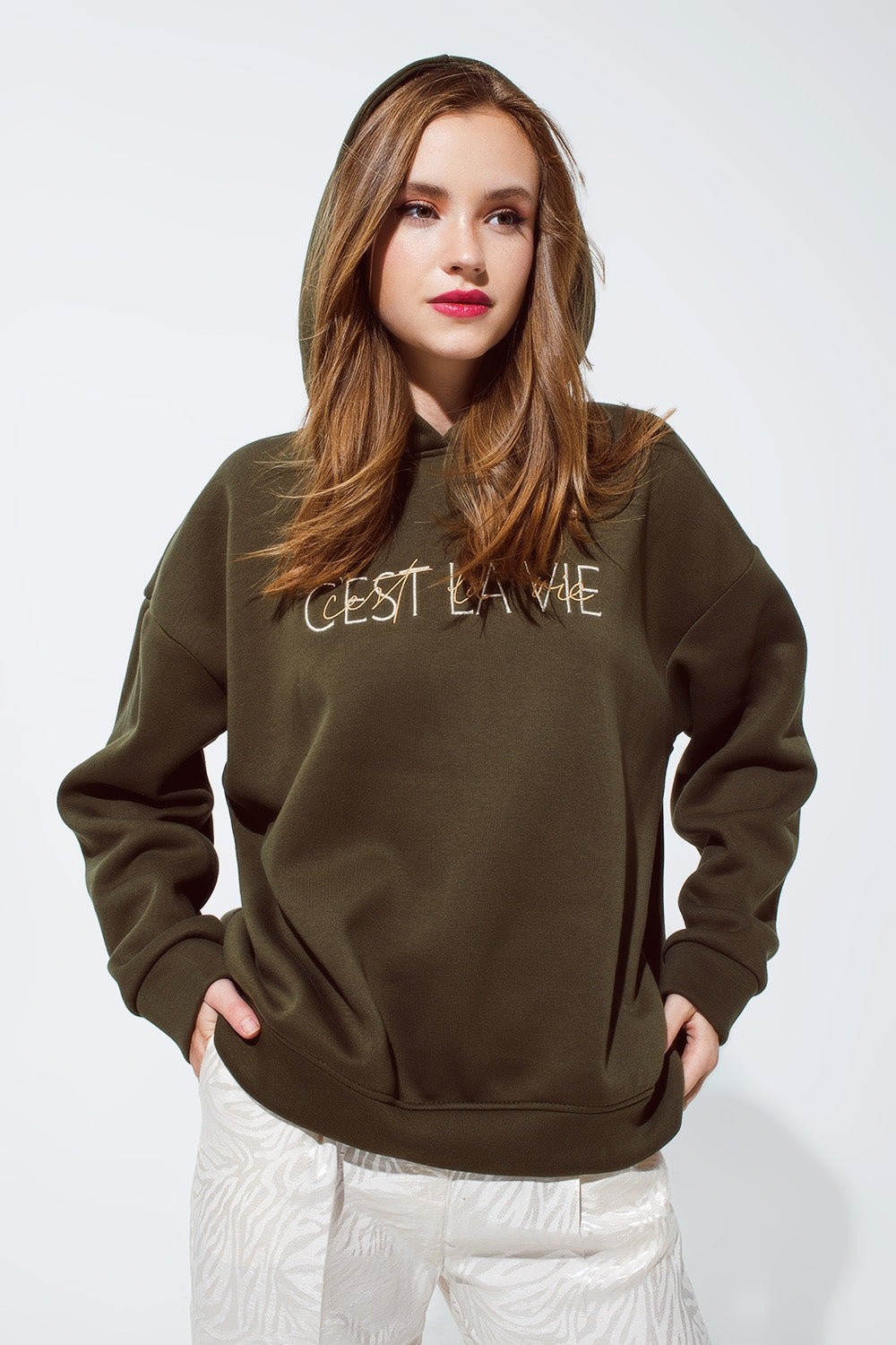 Q2 Khaki color hoodie with embroidered Cest La Vie text