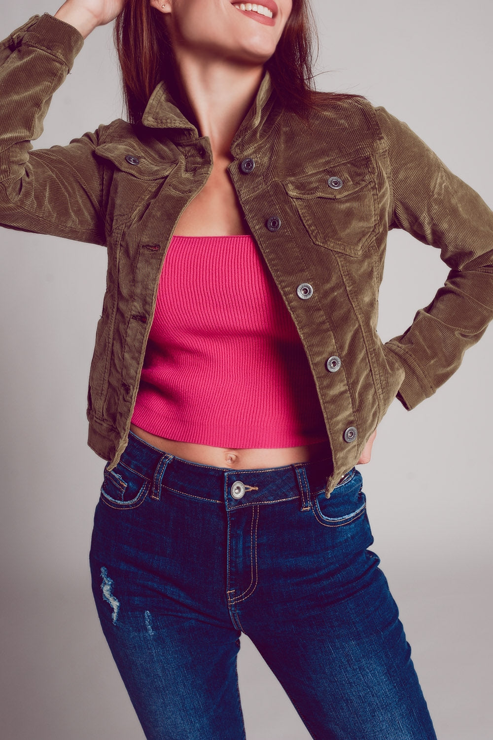 Q2 Khaki cropped cord jacket