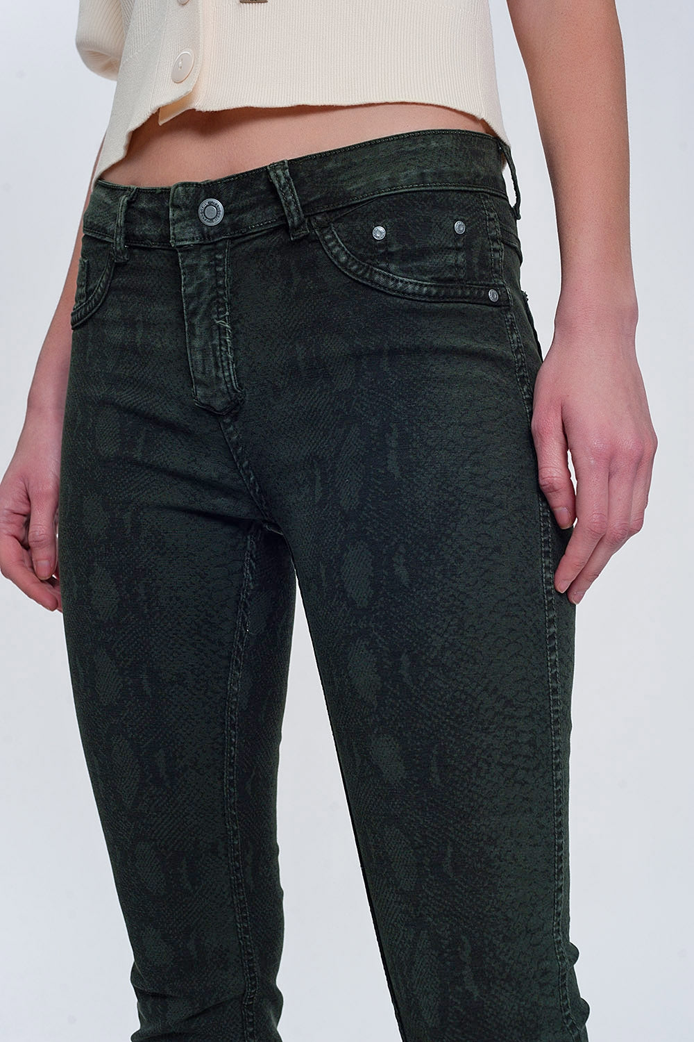 Khaki super skinny reversible pants with snake print