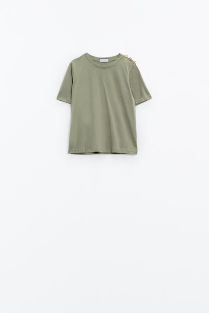 Khaki T-Shirt with golden button detail on shoulder