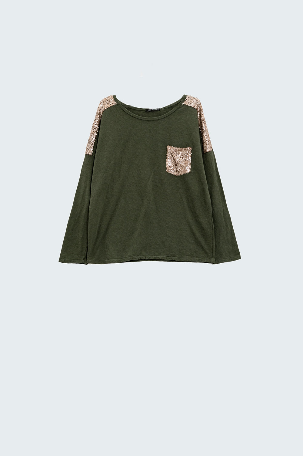 Q2 khaki T-shirt with sequin detail