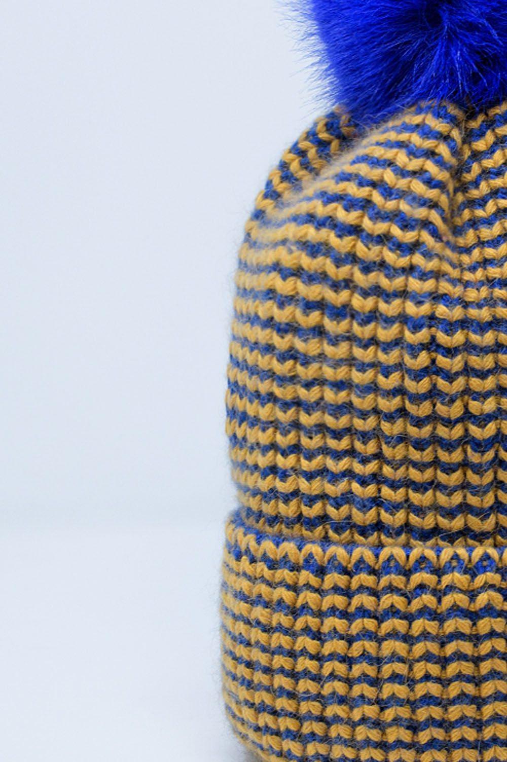 Knitted Beanie With Pom Pom in Blue and Yellow