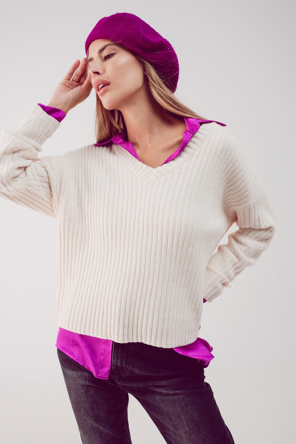 Knitted chenille jumper in cream