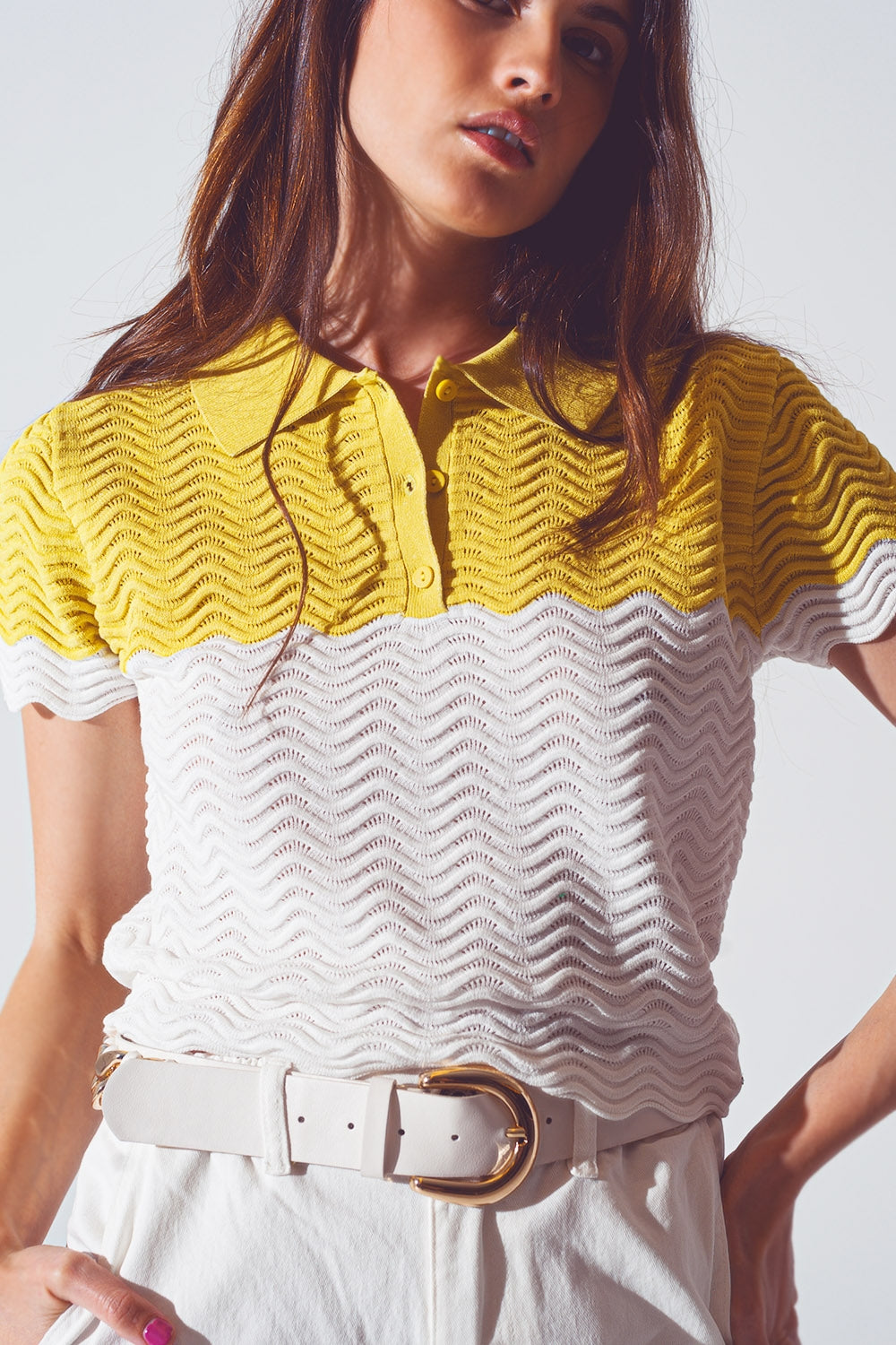 Knitted Colour Block Cropped Polo in White and Yellow