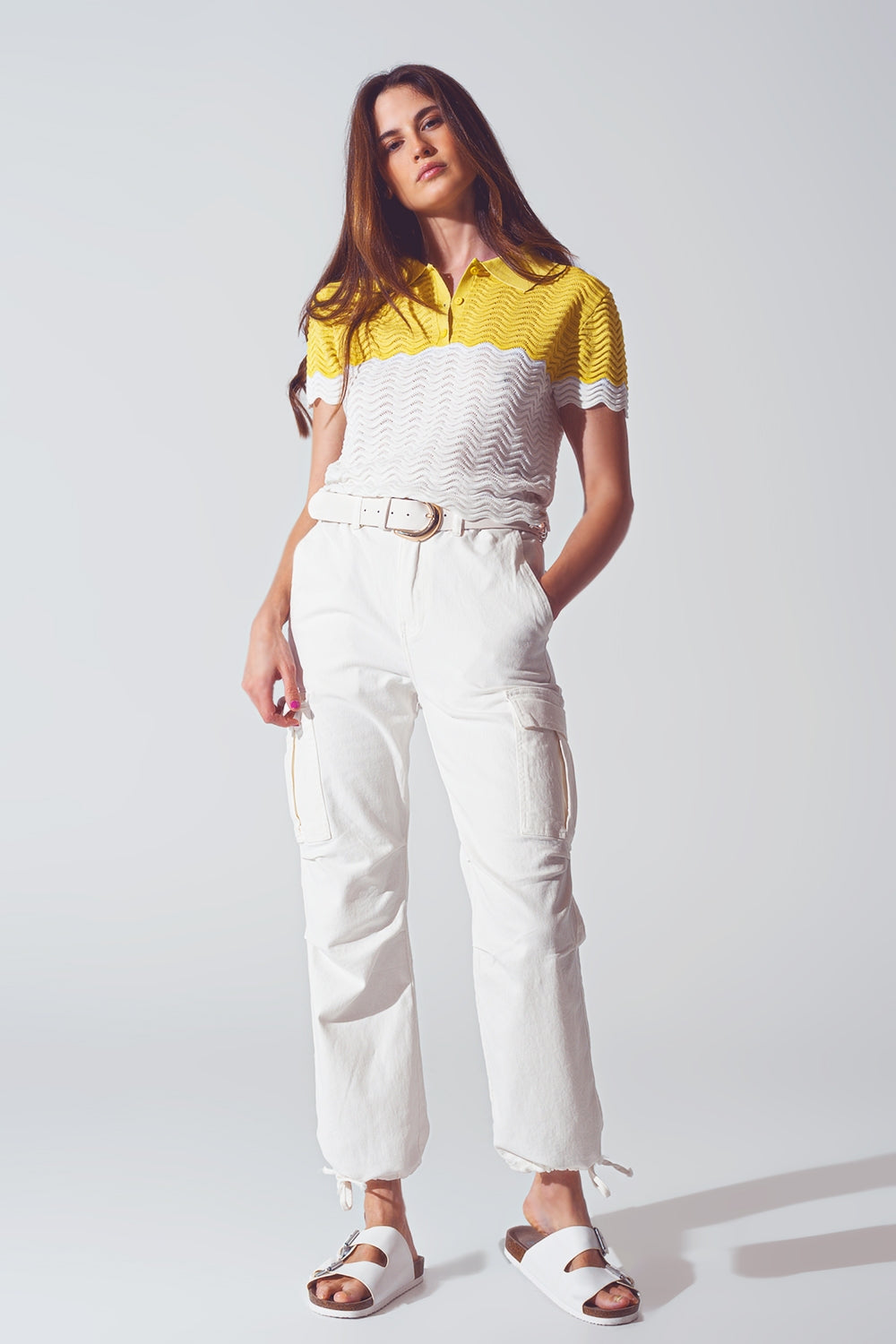 Knitted Colour Block Cropped Polo in White and Yellow