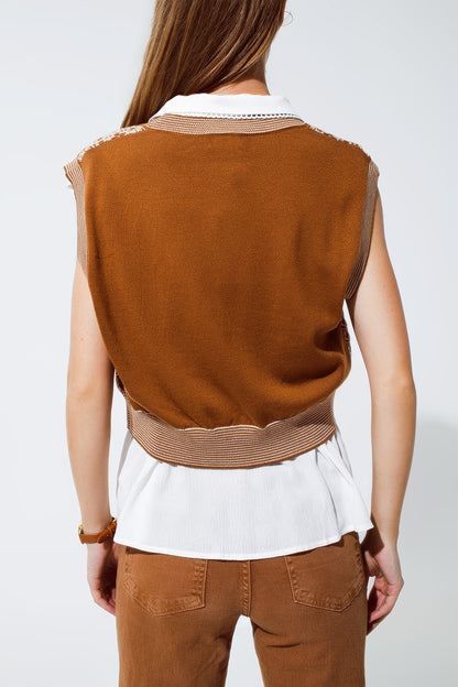 Knitted Cropped Vest With Rib Trim in Brown