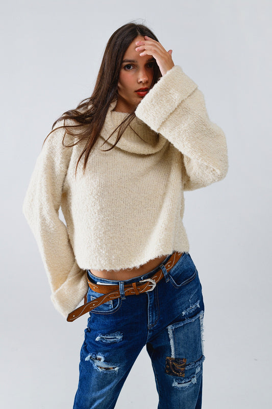 Q2 knitted fluffy high neck sweater in cream