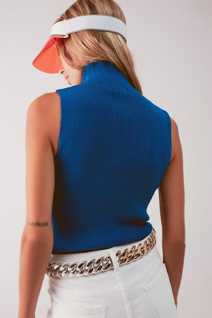 Knitted high neck top in blue