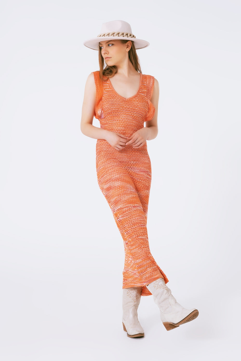 Knitted Long Dress With Chest Ruffle in Melange Orange