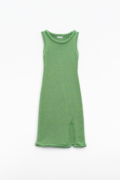 Knitted Midi Dress With Braided Detail in Green