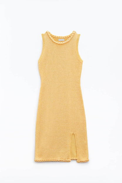 Knitted Midi Dress With Braided Detail in Yellow