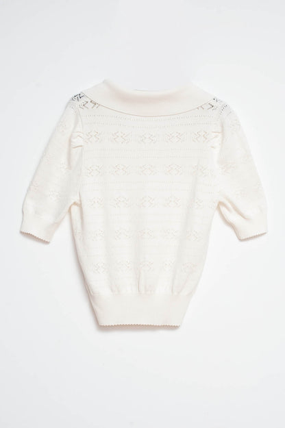 Knitted pointelle polo neck jumper in cream