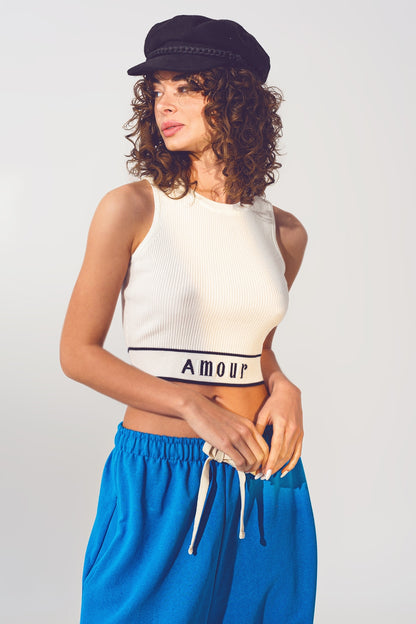 Knitted Tank Top with Amour Text in White