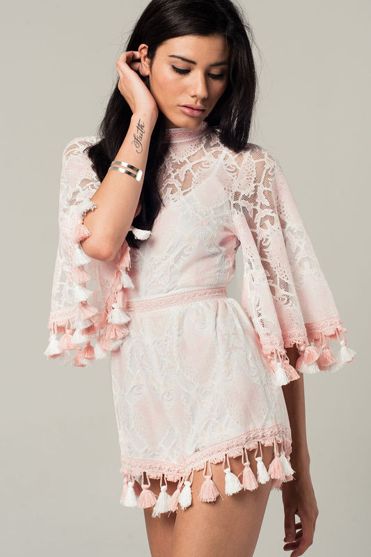 Q2 Lace romper with tassels in pink