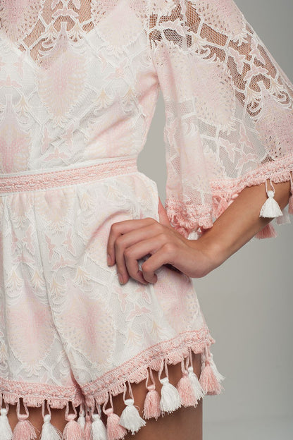 Lace romper with tassels in pink