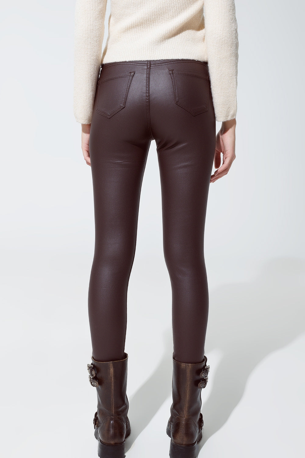 leatherette effect super skinny pants in dark brown