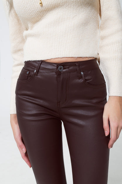 leatherette effect super skinny pants in dark brown